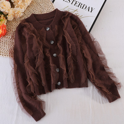 Kootud naiste vest ovaalse krae ja tülliga