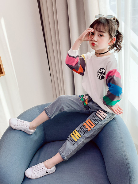 Детски модерен комплект за момичета от дънки и блуза