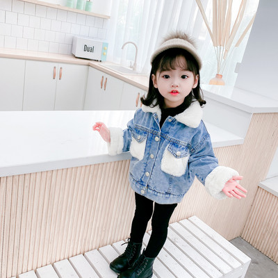 Moodne pehme voodri ja udusulgedega laste teksajakk tüdrukutele