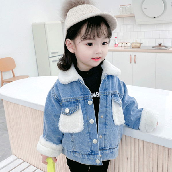 Moodne pehme voodri ja udusulgedega laste teksajakk tüdrukutele