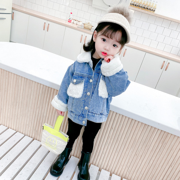 Moodne pehme voodri ja udusulgedega laste teksajakk tüdrukutele