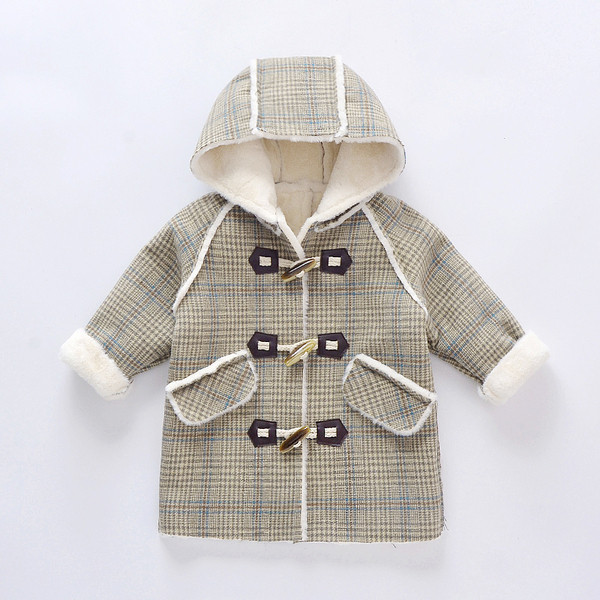 Pehme voodri ja kapuutsiga ruuduline lastemantel tüdrukutele