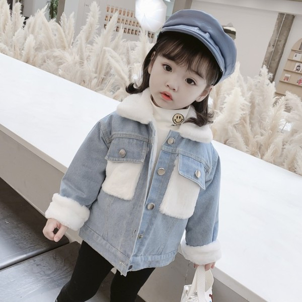 Tüdrukutele sobiv vabaaja laste teksajakk sule ja taskutega