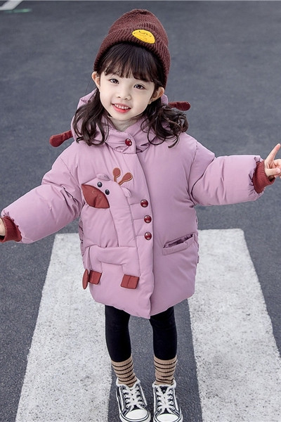 Νέο μοντέλο παιδικό μπουφάν για κορίτσια με κουκούλα και καμηλοπάρδαλη απλικέ