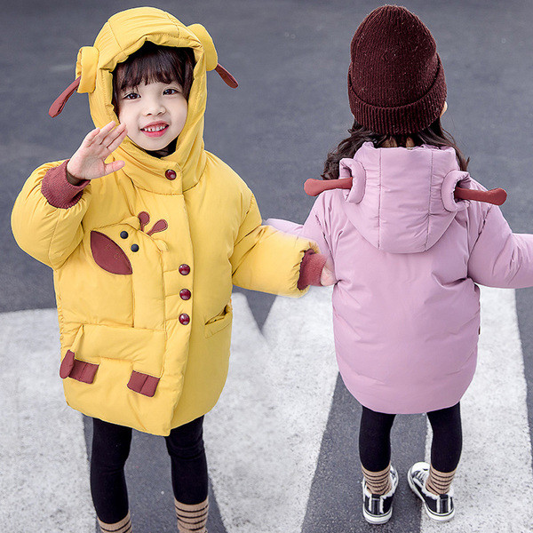 Νέο μοντέλο παιδικό μπουφάν για κορίτσια με κουκούλα και καμηλοπάρδαλη απλικέ