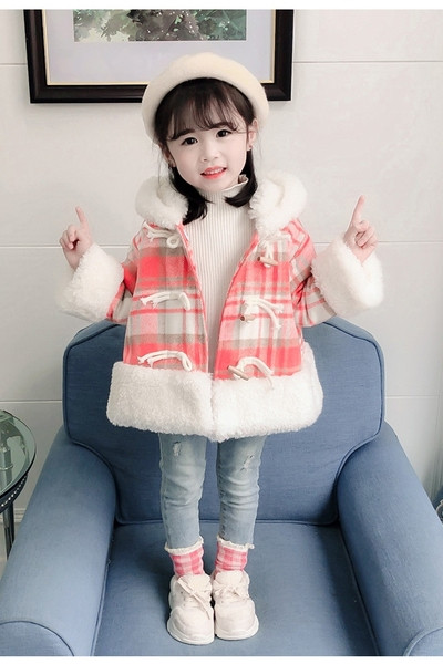 Παιδικό παλτό καρό για κορίτσια με κουκούλα και κάτω