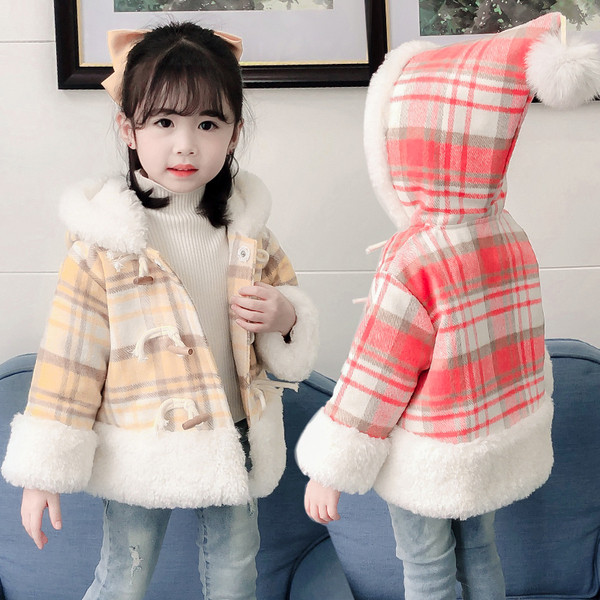 Παιδικό παλτό καρό για κορίτσια με κουκούλα και κάτω