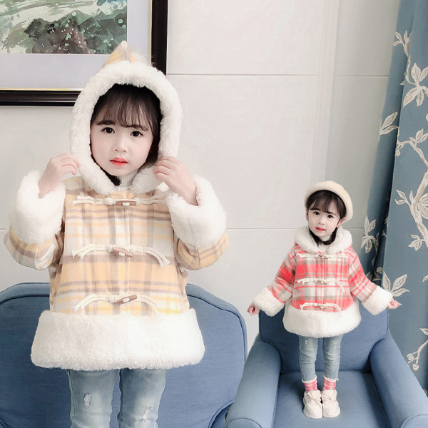 Παιδικό παλτό καρό για κορίτσια με κουκούλα και κάτω