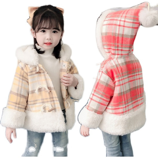 Παιδικό παλτό καρό για κορίτσια με κουκούλα και κάτω