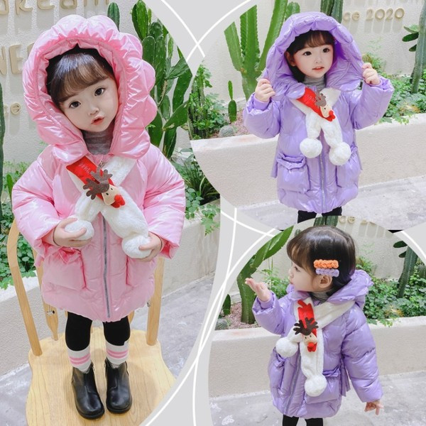 Χειμερινό παιδικό μακρύ μπουφάν με κουκούλα και τρισδιάστατα στοιχεία για κορίτσια