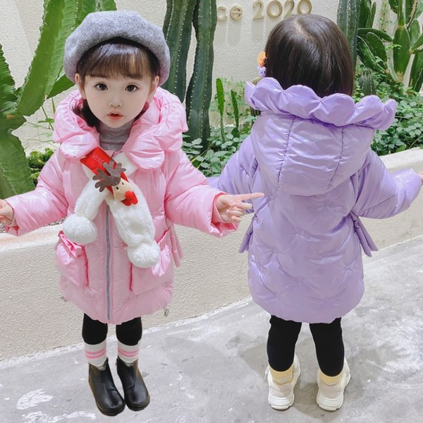 Χειμερινό παιδικό μακρύ μπουφάν με κουκούλα και τρισδιάστατα στοιχεία για κορίτσια