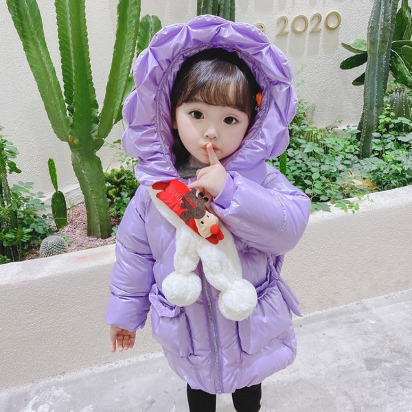 Χειμερινό παιδικό μακρύ μπουφάν με κουκούλα και τρισδιάστατα στοιχεία για κορίτσια