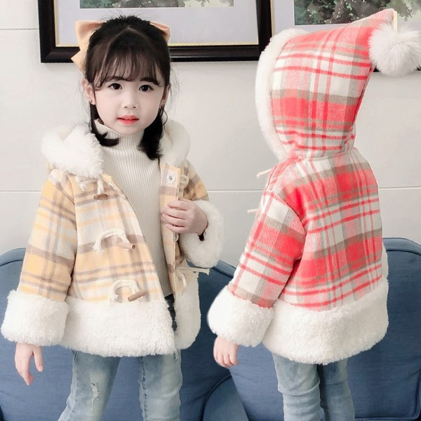 Laste ruuduline nööpide ja kapuutsiga jakk tüdrukutele