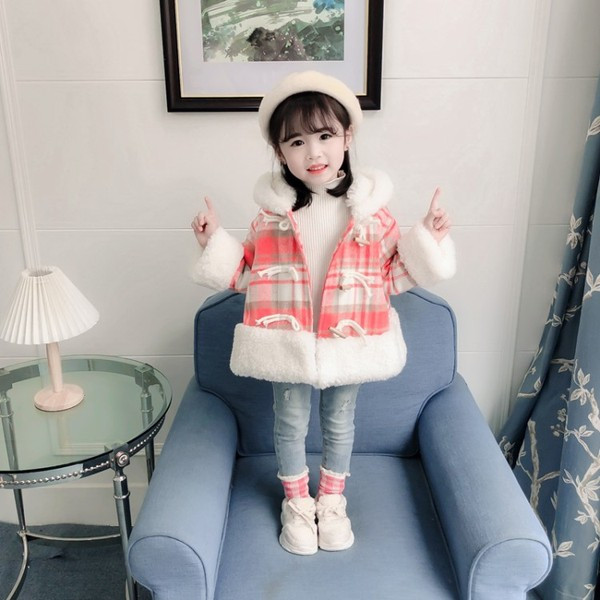 Laste ruuduline nööpide ja kapuutsiga jakk tüdrukutele