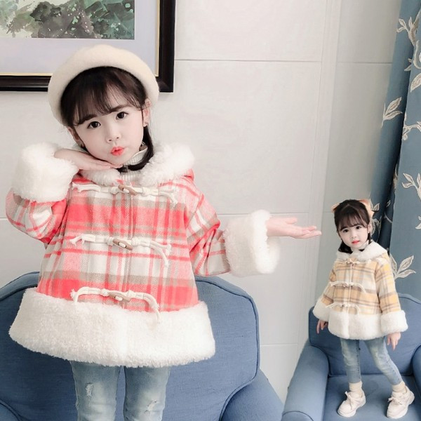 Laste ruuduline nööpide ja kapuutsiga jakk tüdrukutele