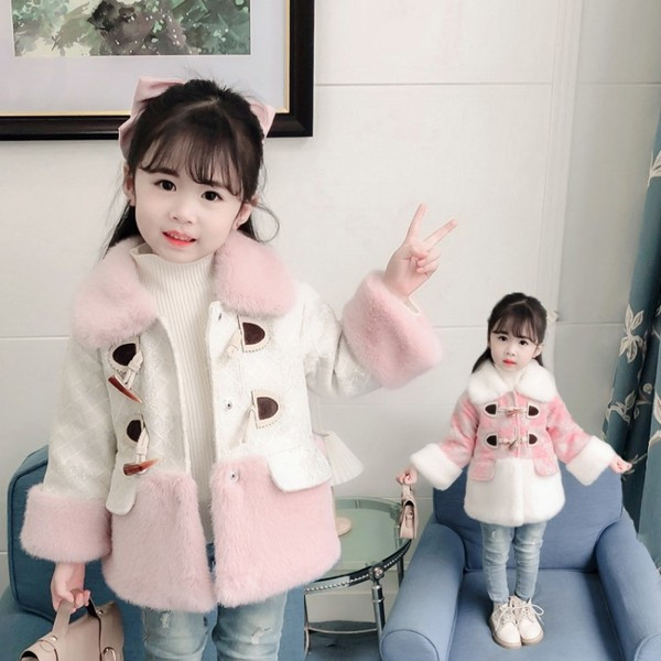 Κομψό παιδικό παλτό με κουμπιά και γούνα για κορίτσια