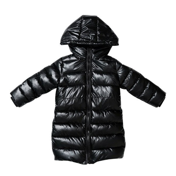 Μακρύ παιδικό μαύρο μπουφάν με φερμουάρ και κουκούλα για κορίτσια