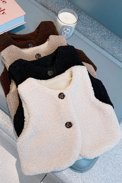 Lühike ovaalse krae ja nööpidega lastevest tüdrukutele