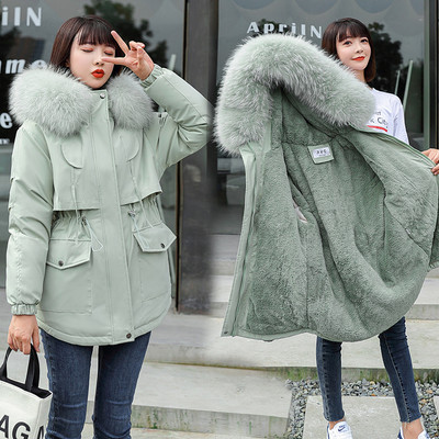 Női téli meleg kabát különböző színű pehelyszínnel, zöld, fekete, szürke, kék kapucnival