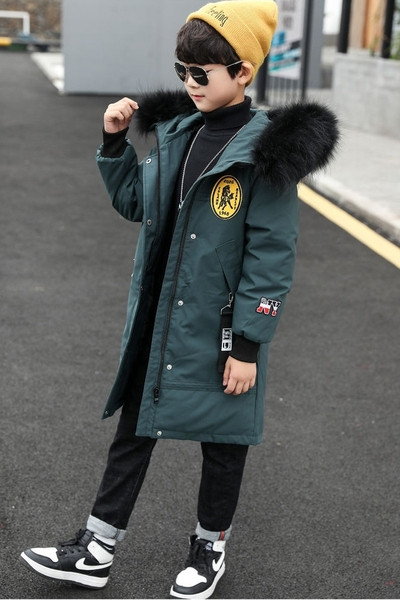 Μακρύ παιδικό μπουφάν για αγόρια με κουκούλα και τσέπες