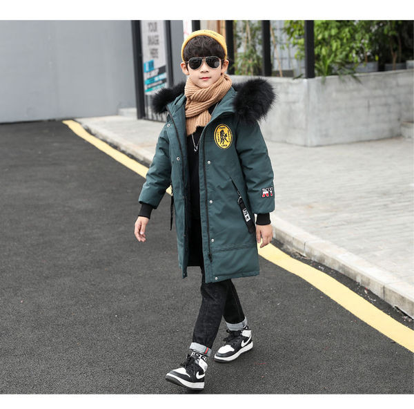 Μακρύ παιδικό μπουφάν για αγόρια με κουκούλα και τσέπες