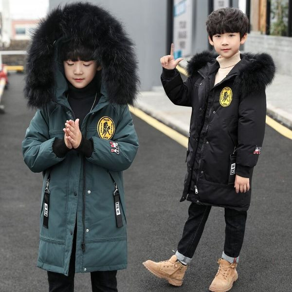 Μακρύ παιδικό μπουφάν για αγόρια με κουκούλα και τσέπες