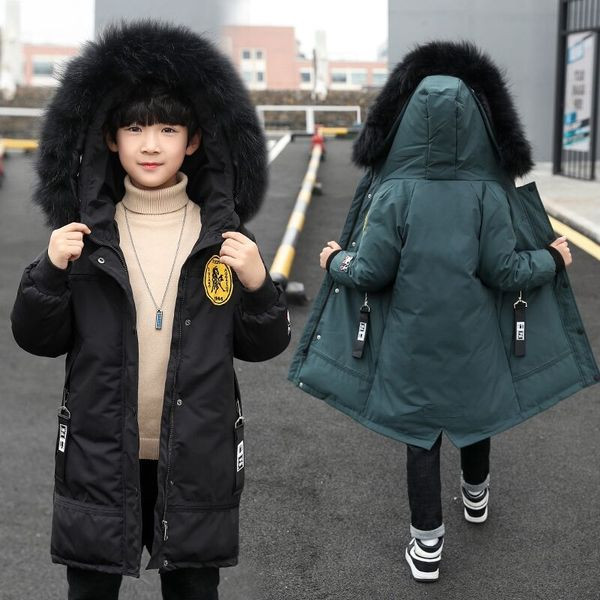 Μακρύ παιδικό μπουφάν για αγόρια με κουκούλα και τσέπες