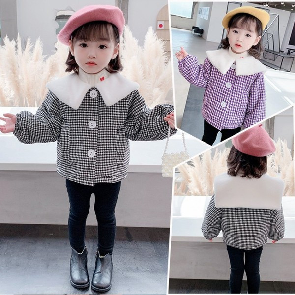 Μοντέρνο καρό παιδικό μπουφάν με κουμπιά για κορίτσια