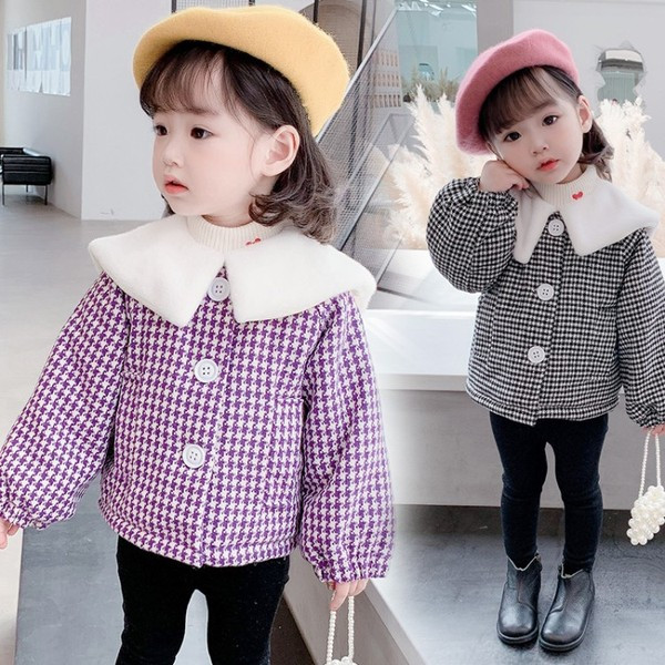 Μοντέρνο καρό παιδικό μπουφάν με κουμπιά για κορίτσια