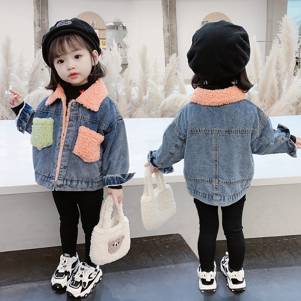 Praegune pehme voodri ja värviliste taskutega laste teksajakk tüdrukutele