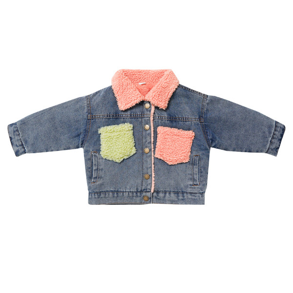 Praegune pehme voodri ja värviliste taskutega laste teksajakk tüdrukutele