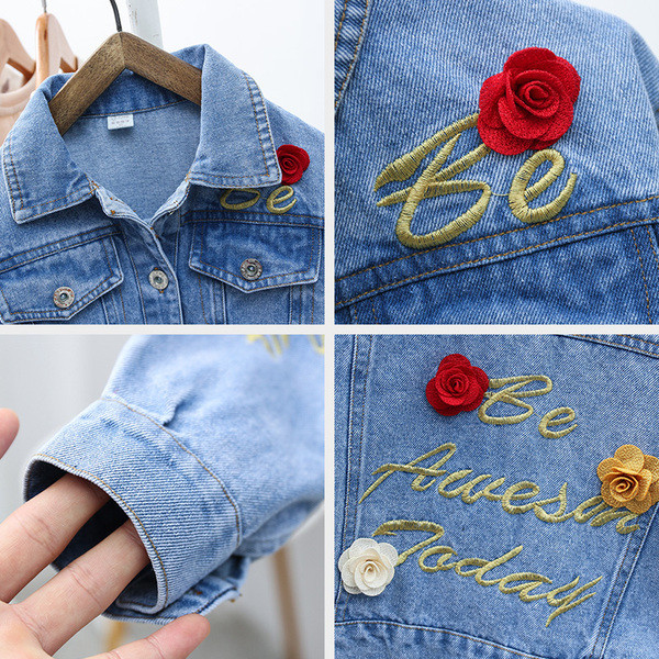 Moodne laste teksajakk tikandite ja 3D elementidega