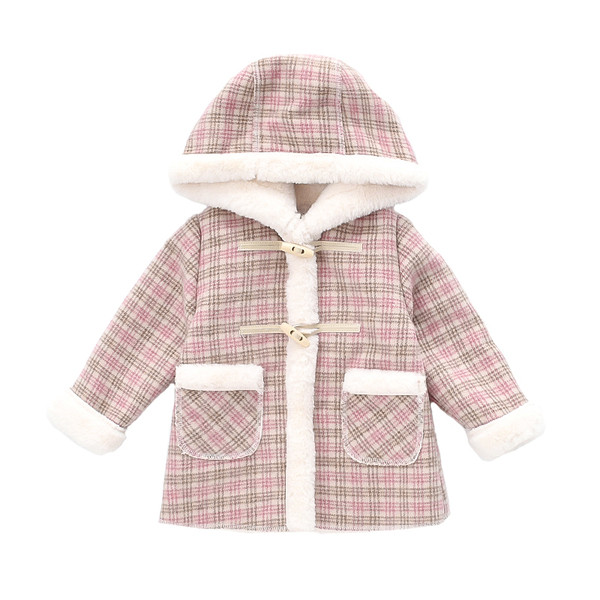 Kapuutsi ja taskutega laste ruuduline mantel tüdrukutele