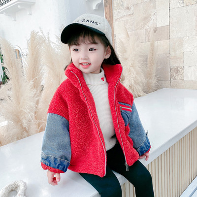 Kaasaegne kõrge krae ja teksavarrukatega laste jope tüdrukutele