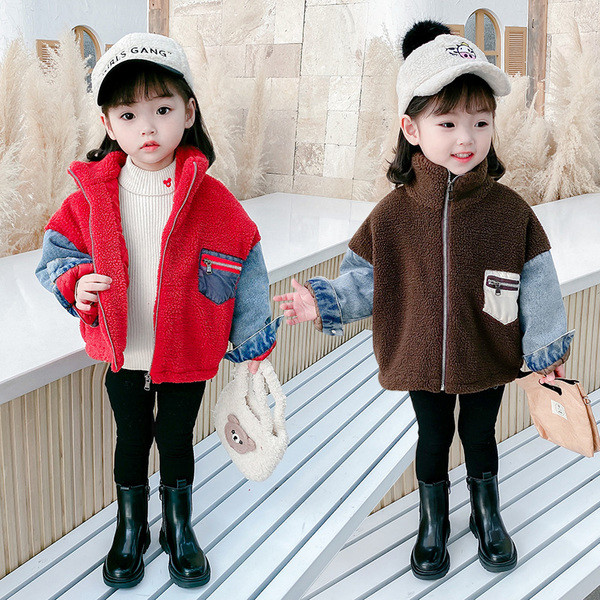 Kaasaegne kõrge krae ja teksavarrukatega laste jope tüdrukutele