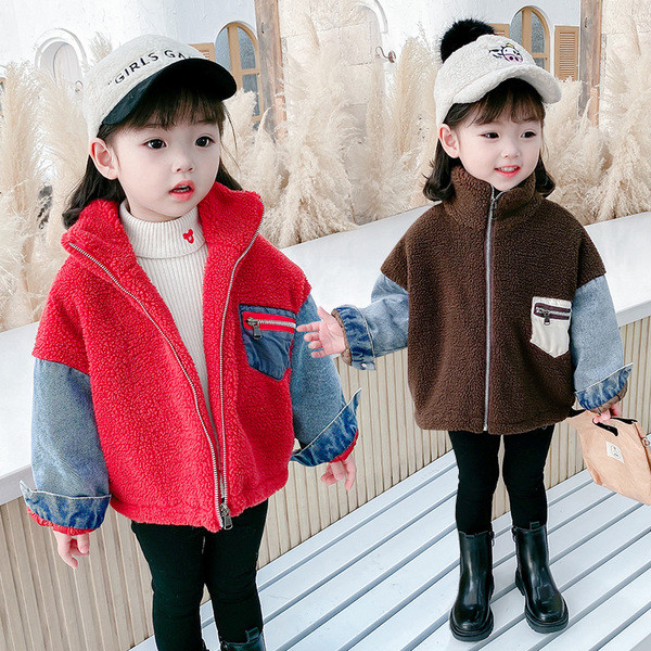 Kaasaegne kõrge krae ja teksavarrukatega laste jope tüdrukutele