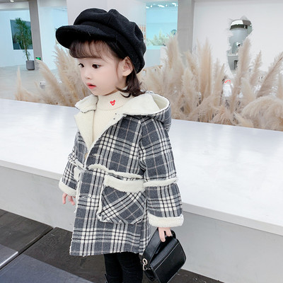 Παιδικό παλτό καρό για κορίτσια με κουκούλα και τσέπες