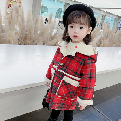 Παιδικό παλτό καρό για κορίτσια με κουκούλα και τσέπες
