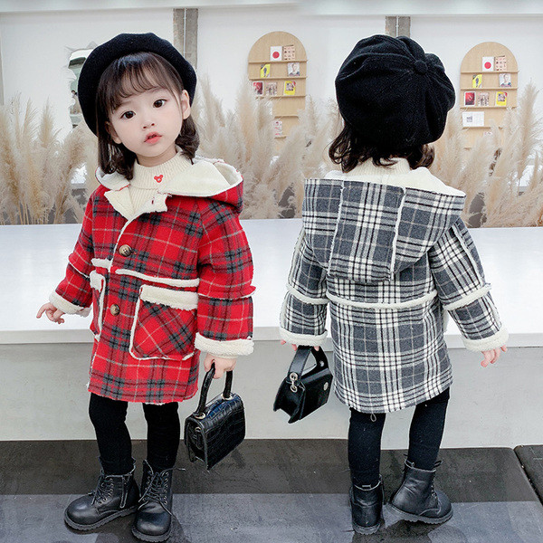 Παιδικό παλτό καρό για κορίτσια με κουκούλα και τσέπες