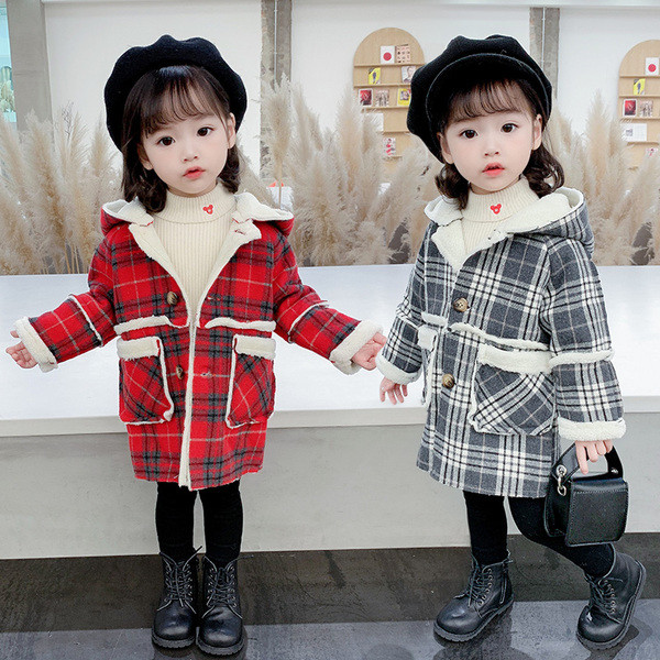 Παιδικό παλτό καρό για κορίτσια με κουκούλα και τσέπες