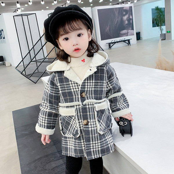 Παιδικό παλτό καρό για κορίτσια με κουκούλα και τσέπες