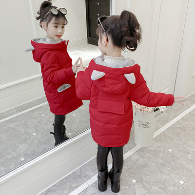 Μακρύ παιδικό μπουφάν για κορίτσια με τρισδιάστατο στοιχείο στην κουκούλα