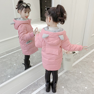 Μακρύ παιδικό μπουφάν για κορίτσια με τρισδιάστατο στοιχείο στην κουκούλα