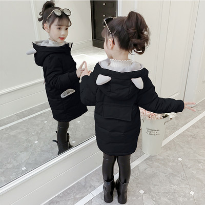 Μακρύ παιδικό μπουφάν για κορίτσια με τρισδιάστατο στοιχείο στην κουκούλα