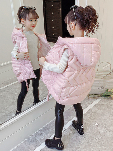 Παιδικό γιλέκο για κορίτσια με κουκούλα και τσέπες - ασύμμετρο μοντέλο