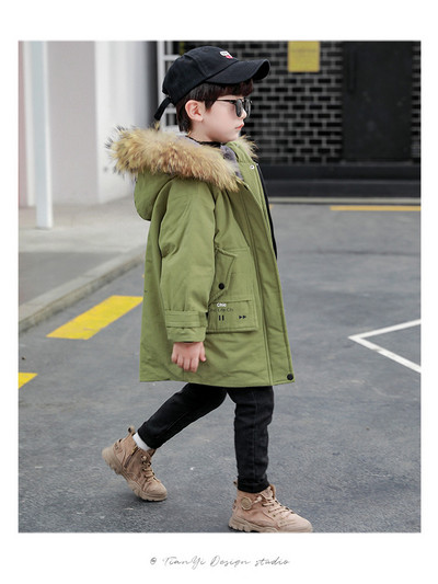 Zimska dječja jakna za dječake s kapuljačom i perom