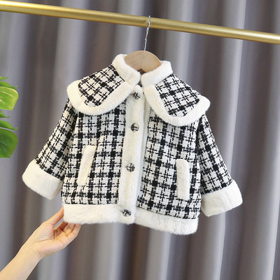 Kõrge kraega laste ruuduline mantel tüdrukutele