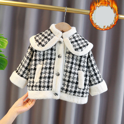 Kõrge kraega laste ruuduline mantel tüdrukutele