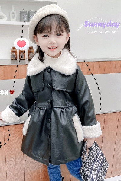 Moodne sooja voodri ja nööpidega laste nahktagi tüdrukutele