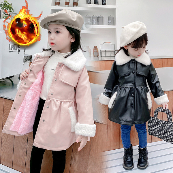 Moodne sooja voodri ja nööpidega laste nahktagi tüdrukutele